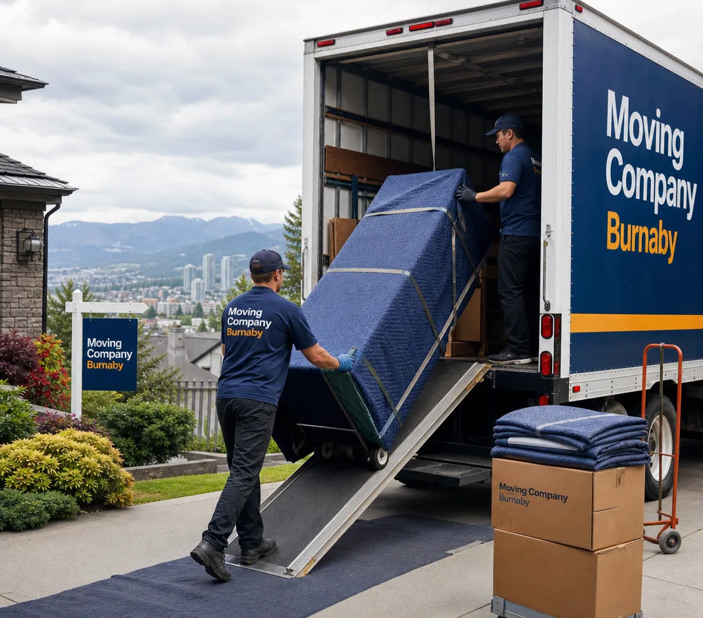 Professional moving crew loading a well-packed Burnaby living room with blankets, dollies, and floor protection in use