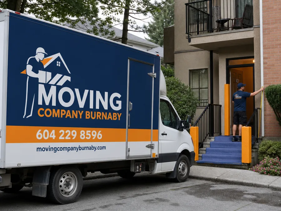 Mover navigating a protected condo hallway with a dolly and wrapped furniture in Burnaby